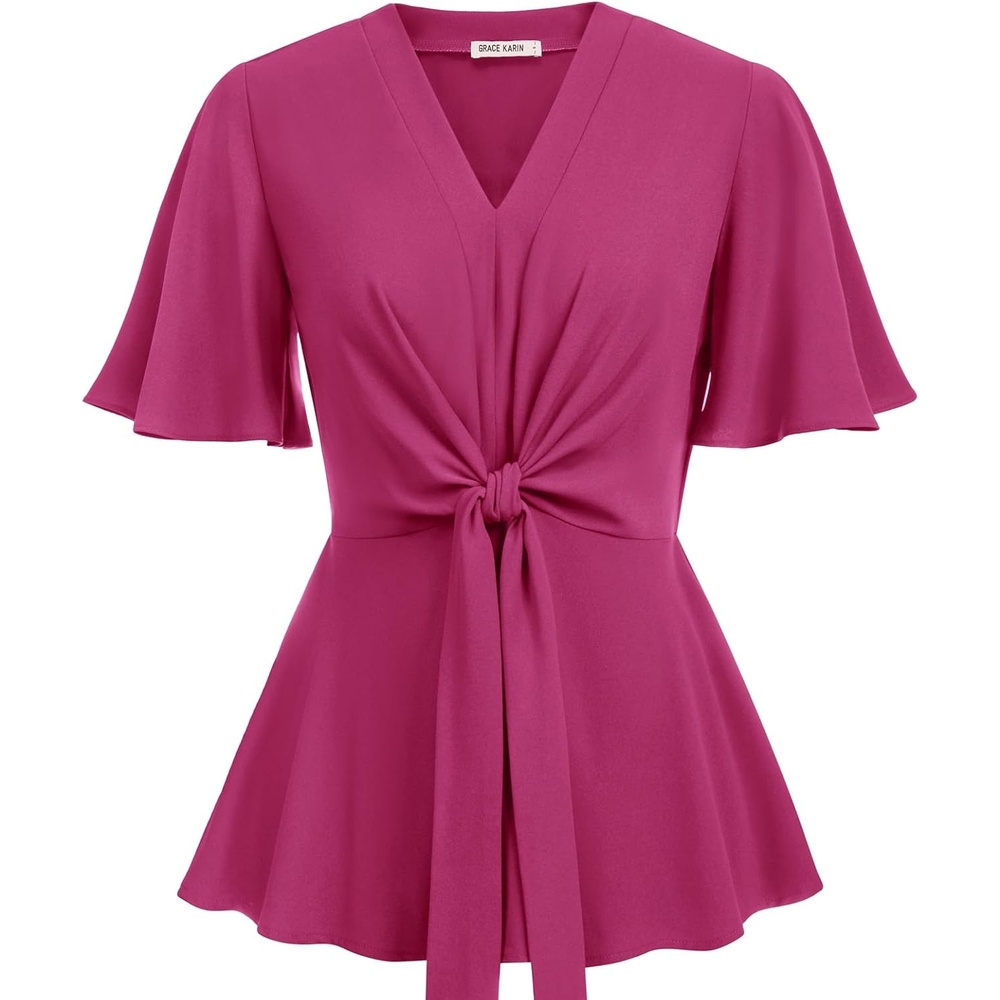 image:imageGRACE KARIN Womens Elegant VNeck Tie Waist Flowy Peplum Shirt Tops Flatters Pear amp Curvy Figures Soft Breathable Allday True to size Office to Weddings amp Weekend CasualsRose Red