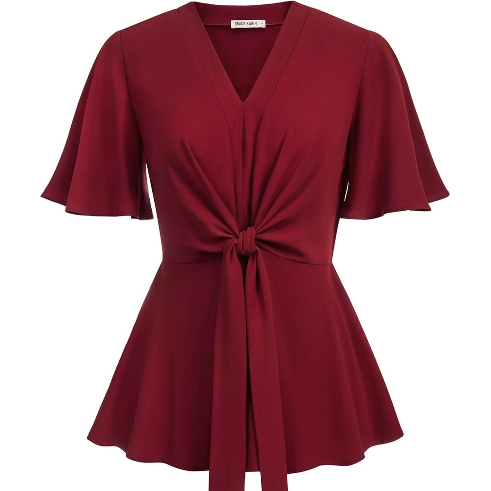 image:imageGRACE KARIN Womens Elegant VNeck Tie Waist Flowy Peplum Shirt Tops Flatters Pear amp Curvy Figures Soft Breathable Allday True to size Office to Weddings amp Weekend CasualsWine Red