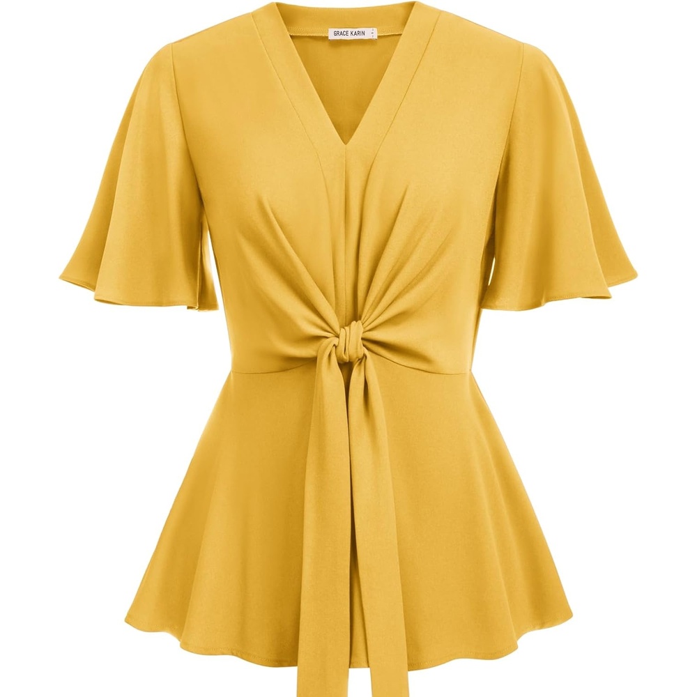 image:imageGRACE KARIN Womens Elegant VNeck Tie Waist Flowy Peplum Shirt Tops Flatters Pear amp Curvy Figures Soft Breathable Allday True to size Office to Weddings amp Weekend CasualsYellow