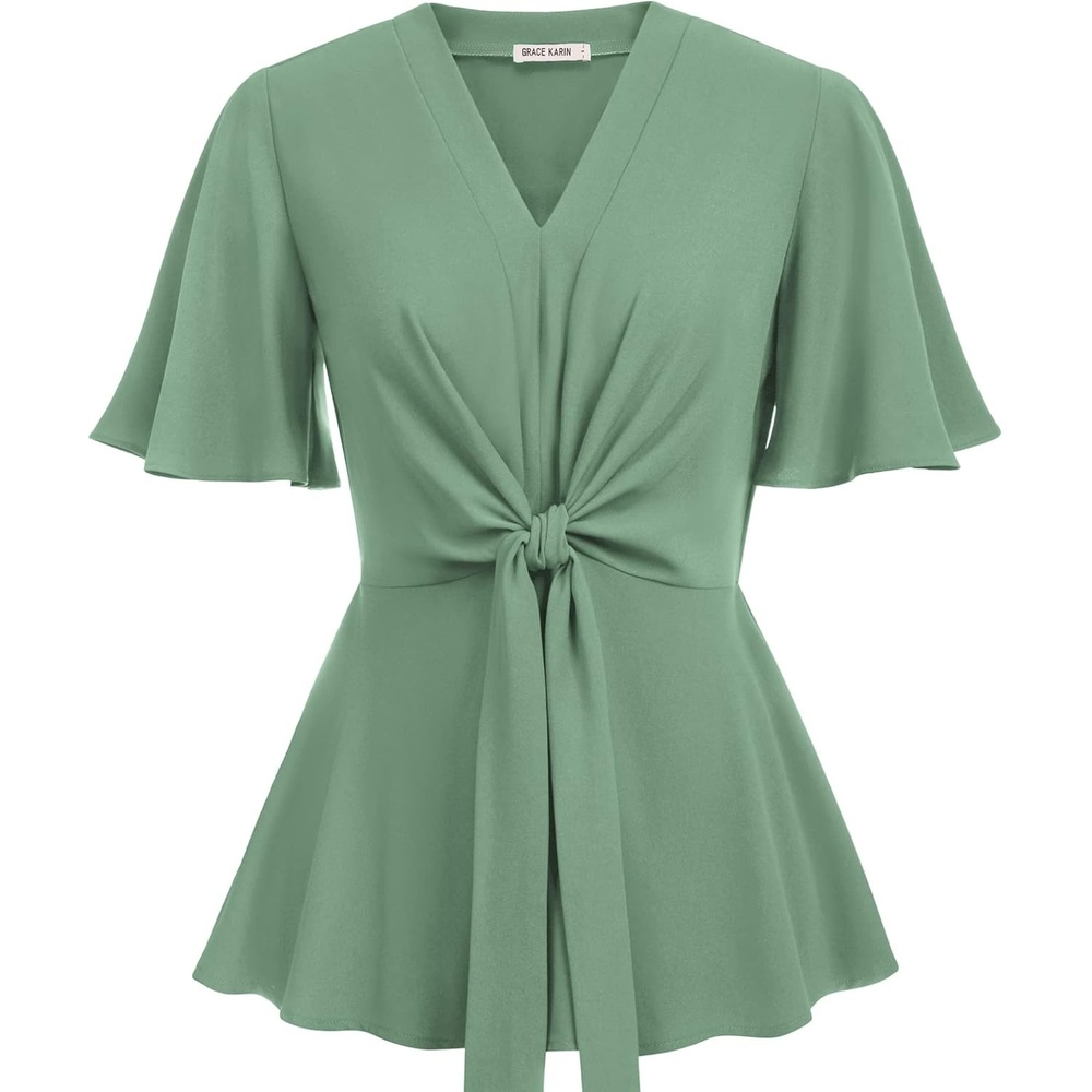 image:imageGRACE KARIN Womens Elegant VNeck Tie Waist Flowy Peplum Shirt Tops Flatters Pear amp Curvy Figures Soft Breathable Allday True to size Office to Weddings amp Weekend CasualsLight Green