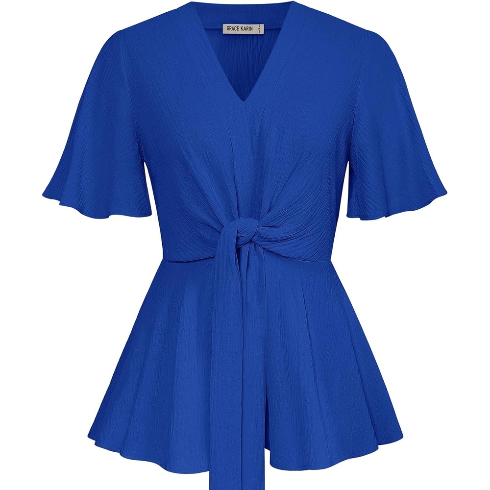 image:imageGRACE KARIN Womens Elegant VNeck Tie Waist Flowy Peplum Shirt Tops Flatters Pear amp Curvy Figures Soft Breathable Allday True to size Office to Weddings amp Weekend CasualsCrinkly Royal Blue
