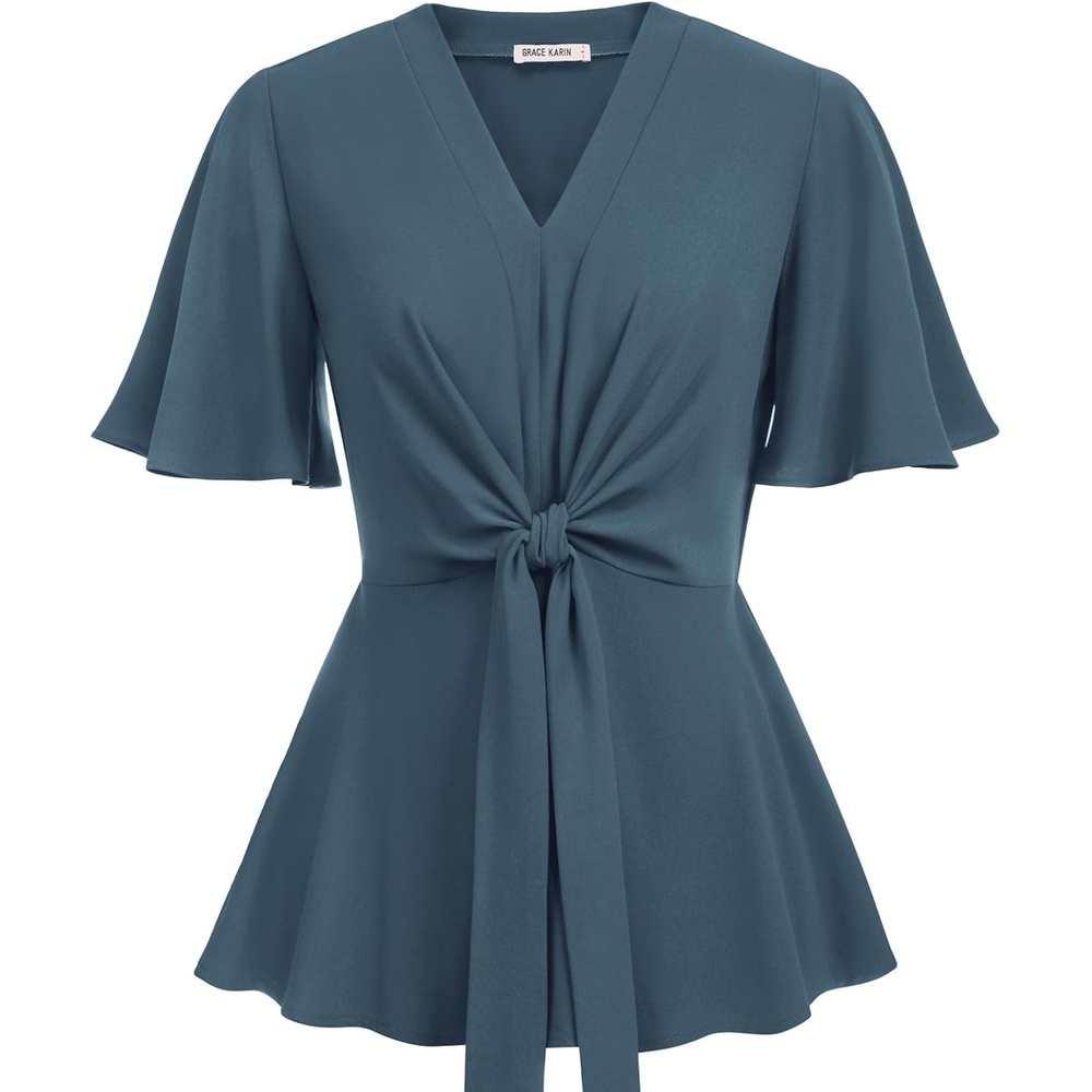 image:imageGRACE KARIN Womens Elegant VNeck Tie Waist Flowy Peplum Shirt Tops Flatters Pear amp Curvy Figures Soft Breathable Allday True to size Office to Weddings amp Weekend CasualsGrey Blue