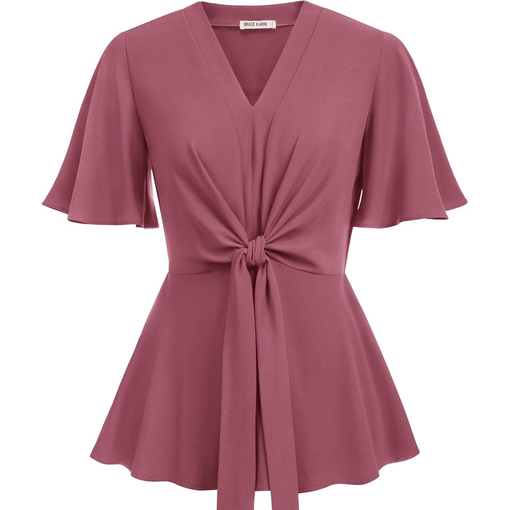 image:imageGRACE KARIN Womens Elegant VNeck Tie Waist Flowy Peplum Shirt Tops Flatters Pear amp Curvy Figures Soft Breathable Allday True to size Office to Weddings amp Weekend CasualsDark Pink