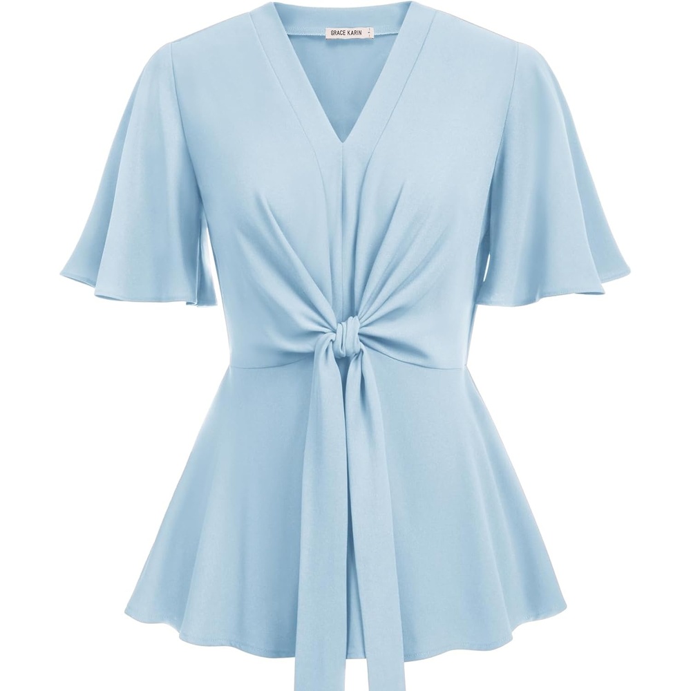 image:imageGRACE KARIN Womens Elegant VNeck Tie Waist Flowy Peplum Shirt Tops Flatters Pear amp Curvy Figures Soft Breathable Allday True to size Office to Weddings amp Weekend CasualsLight Blue