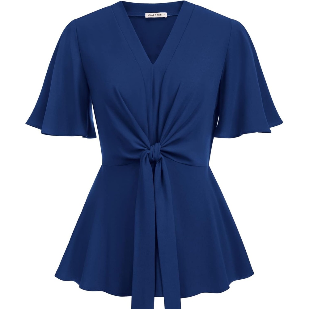 image:imageGRACE KARIN Womens Elegant VNeck Tie Waist Flowy Peplum Shirt Tops Flatters Pear amp Curvy Figures Soft Breathable Allday True to size Office to Weddings amp Weekend CasualsNavy Blue