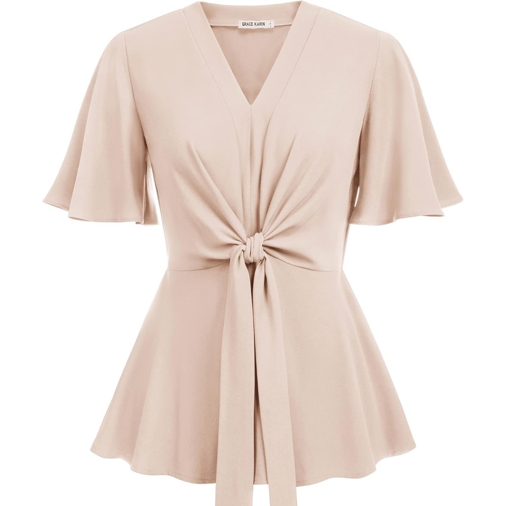 image:imageGRACE KARIN Womens Elegant VNeck Tie Waist Flowy Peplum Shirt Tops Flatters Pear amp Curvy Figures Soft Breathable Allday True to size Office to Weddings amp Weekend CasualsLight Khaki
