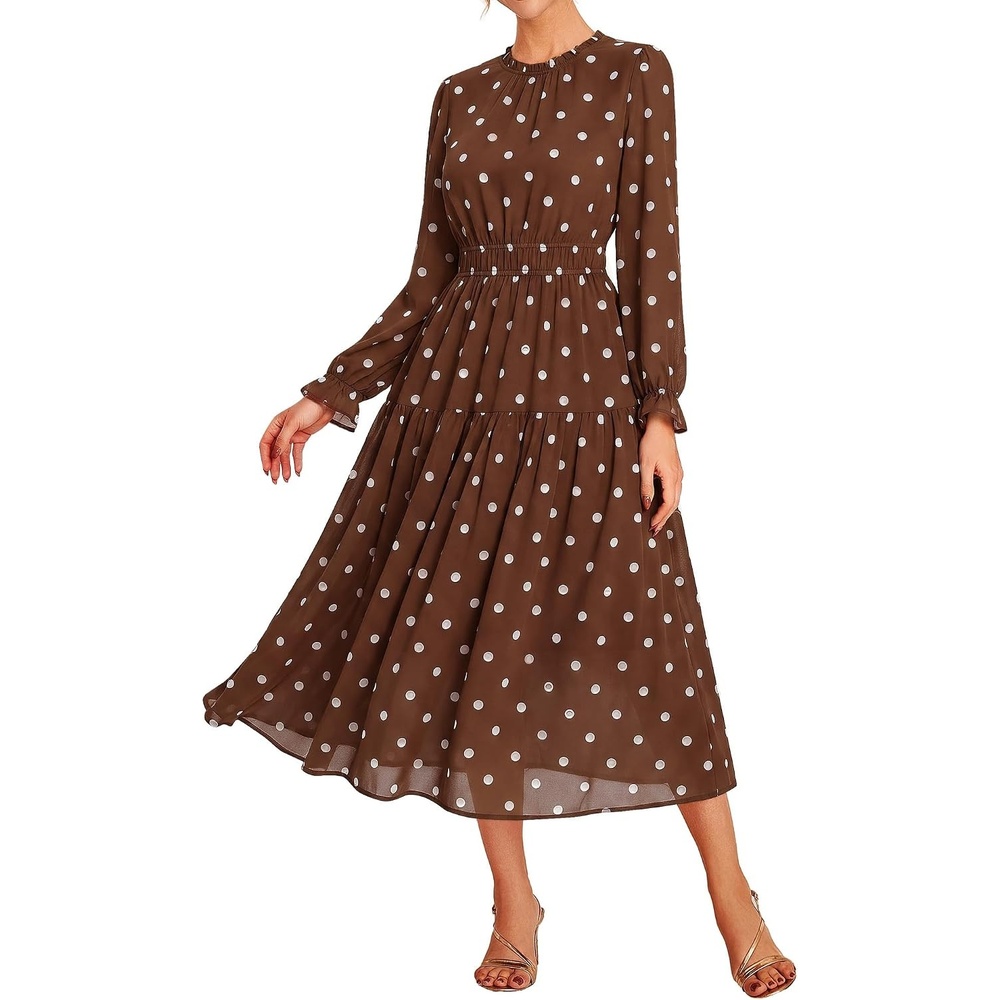 image:imageGRACE KARIN Womens Floral Long Sleeve Fall Wedding Guest Maxi Dress 2026 ChiffonSide PocketsMock NeckSmocked TiededA Line Flowy Outfits Suitable for Semi FormalPartyCocktailBohoBrown Polka Dots