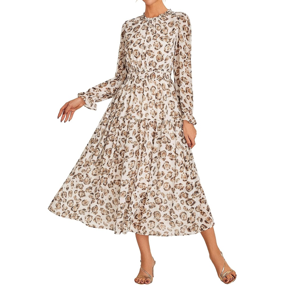 image:imageGRACE KARIN Womens Floral Long Sleeve Fall Wedding Guest Maxi Dress 2026 ChiffonSide PocketsMock NeckSmocked TiededA Line Flowy Outfits Suitable for Semi FormalPartyCocktailBohoBeige and Leopard