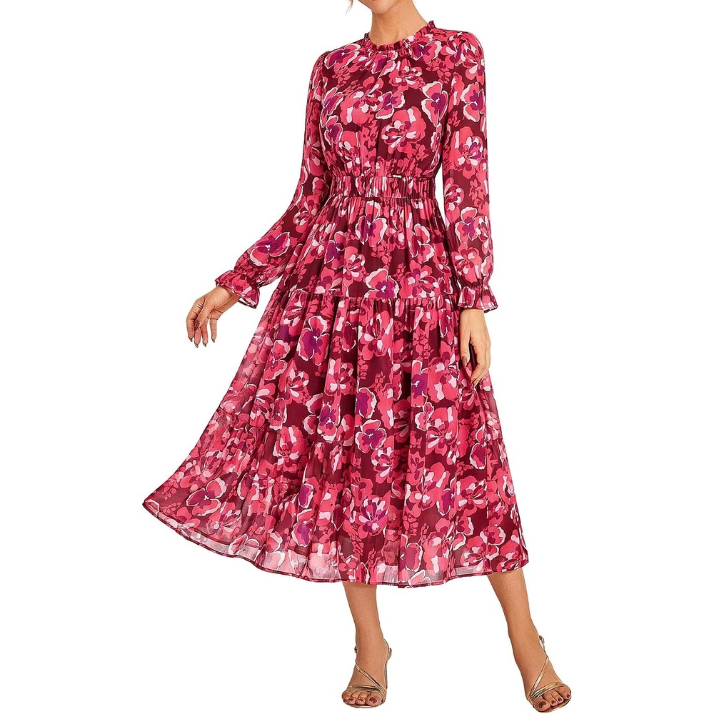 image:imageGRACE KARIN Womens Floral Long Sleeve Fall Wedding Guest Maxi Dress 2026 ChiffonSide PocketsMock NeckSmocked TiededA Line Flowy Outfits Suitable for Semi FormalPartyCocktailBohoRed Floral