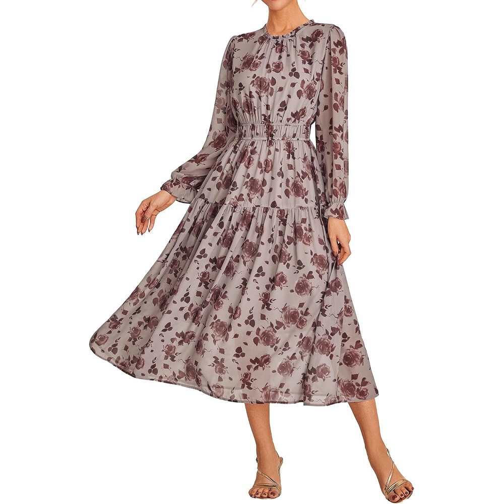 image:imageGRACE KARIN Womens Floral Long Sleeve Fall Wedding Guest Maxi Dress 2026 ChiffonSide PocketsMock NeckSmocked TiededA Line Flowy Outfits Suitable for Semi FormalPartyCocktailBohoDark Khaki and Flower