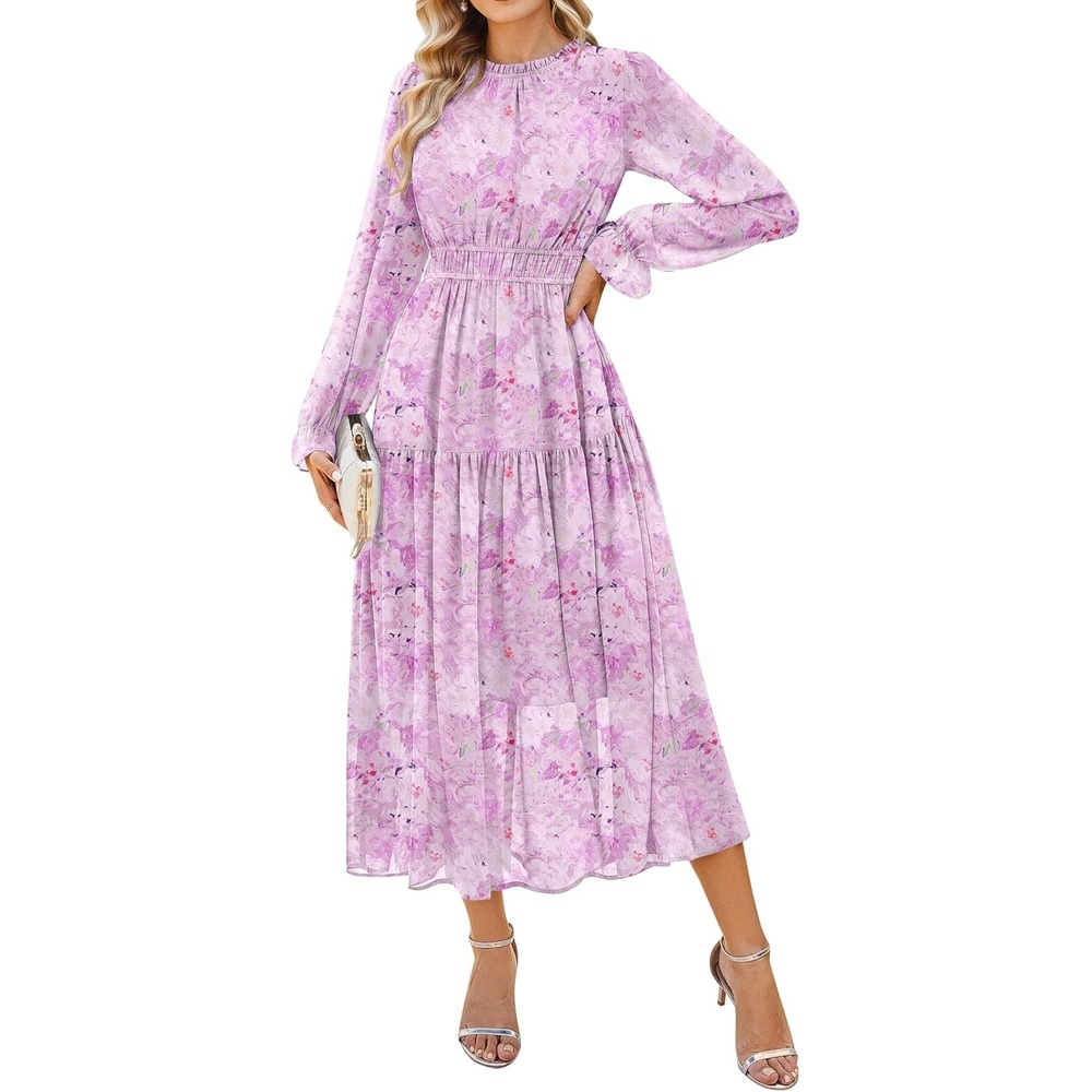 image:imageGRACE KARIN Womens Floral Long Sleeve Fall Wedding Guest Maxi Dress 2026 ChiffonSide PocketsMock NeckSmocked TiededA Line Flowy Outfits Suitable for Semi FormalPartyCocktailBohoLight Purple Floral