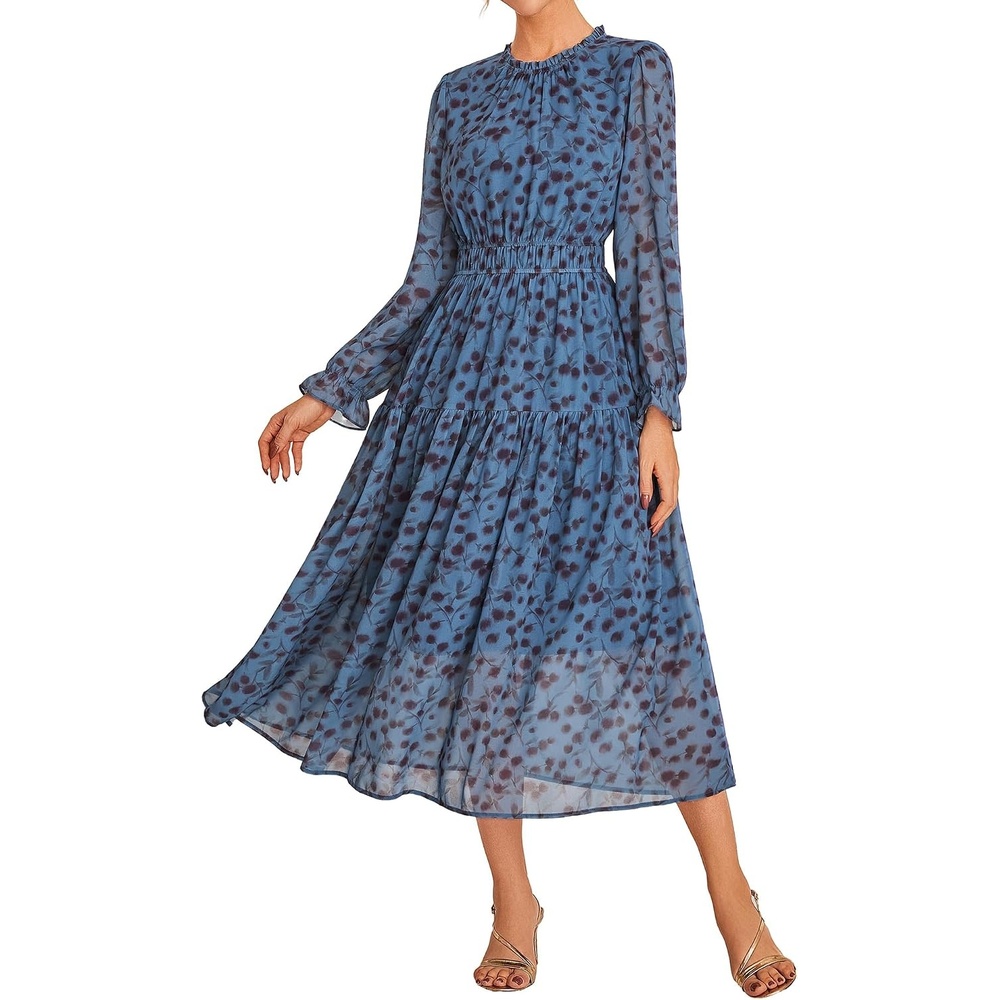 image:imageGRACE KARIN Womens Floral Long Sleeve Fall Wedding Guest Maxi Dress 2026 ChiffonSide PocketsMock NeckSmocked TiededA Line Flowy Outfits Suitable for Semi FormalPartyCocktailBohoPeacock Blue and Floral