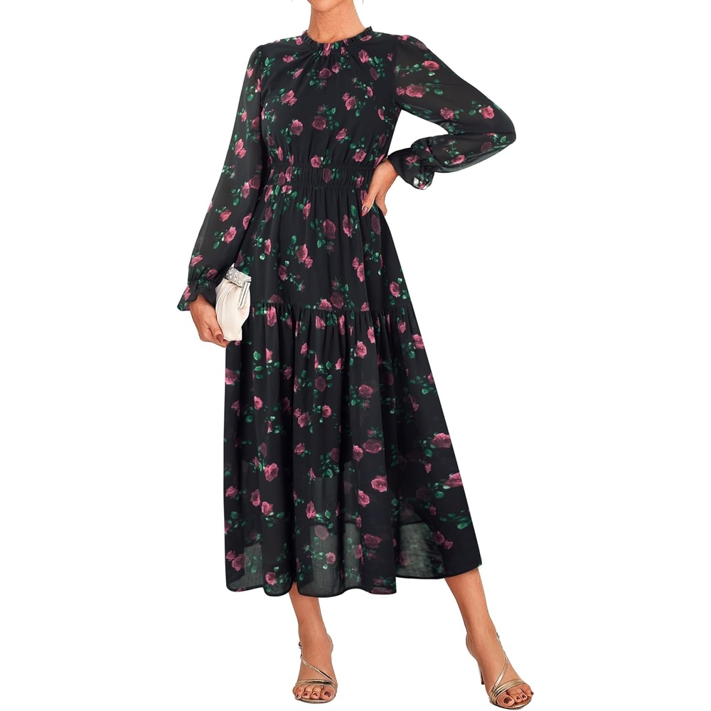 image:imageGRACE KARIN Womens Floral Long Sleeve Fall Wedding Guest Maxi Dress  2026 ChiffonSide PocketsMock NeckSmocked TiededA Line Flowy Outfits Suitable for Semi FormalPartyCocktailBohoBlack Flower