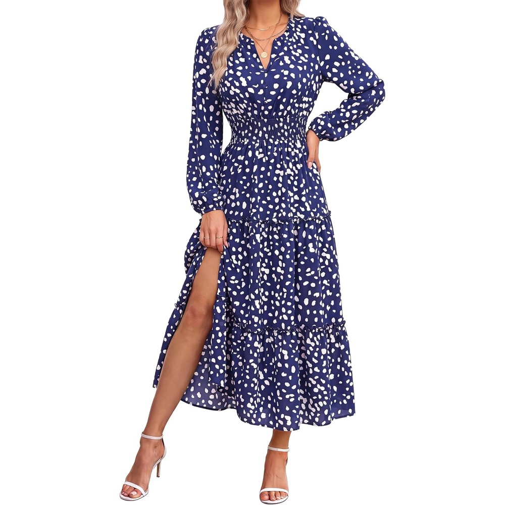 image:imageGRACE KARIN Womens Floral Maxi Dress 2026 Fall Long Sleeve V Neck Empire Waist A Line Flowy Dress with PocketNavy Blue Polka Dots