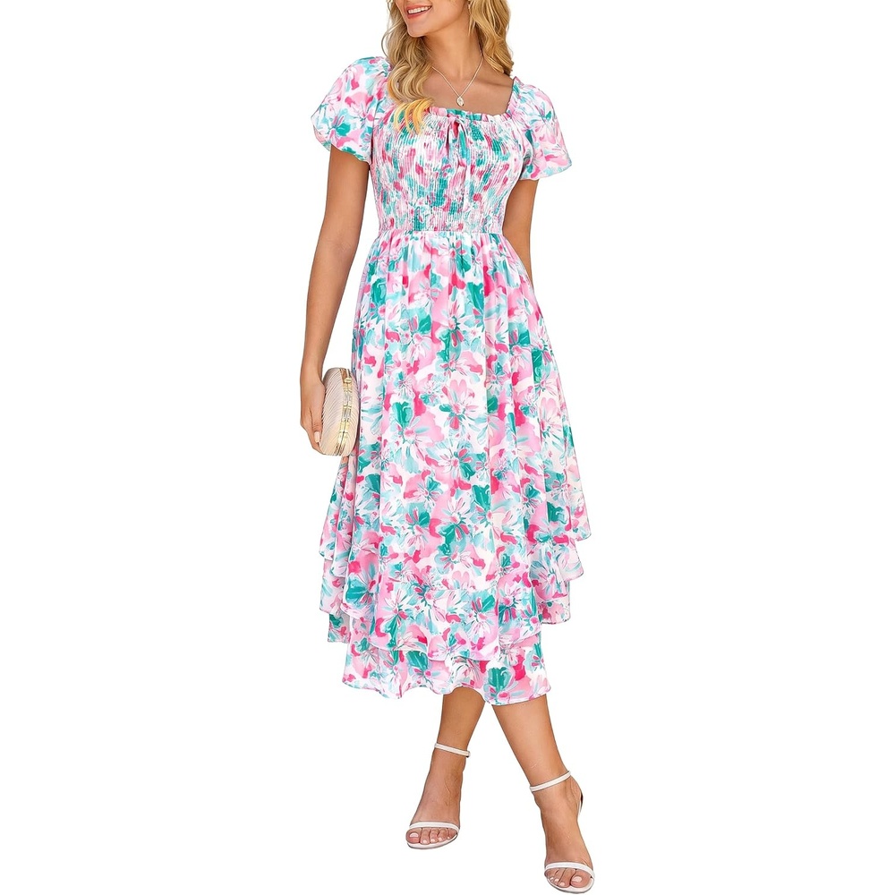 image:imageGRACE KARIN Womens Floral Maxi Wedding Guest Dress  2026 Summer Flowy A Line Pockets Square Neck Chiffon Boho Casual Long Bridal Shower Garden Party Beach Vacation DressGreen Flower