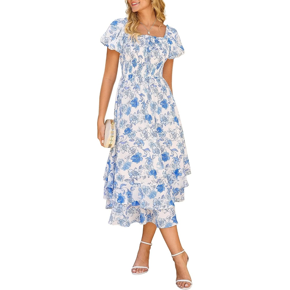 image:imageGRACE KARIN Womens Floral Maxi Wedding Guest Dress  2026 Summer Flowy A Line Pockets Square Neck Chiffon Boho Casual Long Bridal Shower Garden Party Beach Vacation DressWhite Blue Floral
