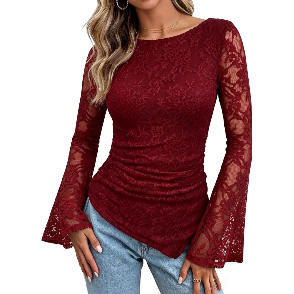 image:imageGRACE KARIN Womens Lace Top Sheer Bell Long Sleeve Boho Tops Fitted Asymmetrical Western Clothes Ruched Mesh Shirt Flowy FallRed Rose Lace