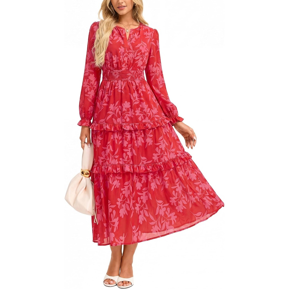 image:imageGRACE KARIN Womens Long Sleeve Fall Wedding Guest Floral Dress 2026 V NeckPocketsSmocked TiededA LineFlowy Maxi DressesCasual Boho Outfits Suitable for OutingDatesTravelVacationsRed Floral
