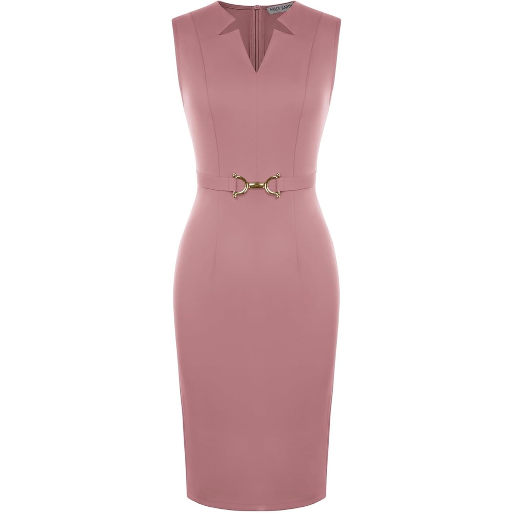 image:imageGRACE KARIN Womens Midi Work Business Formal Funeral Dresses 2026  Summer Sleeveless V Neck Bodycon Pencil Sheath Knee Length Dress Professional Formal Office Church Cocktail OutfitsPink