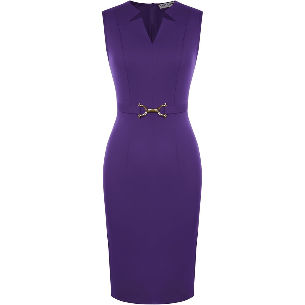 image:imageGRACE KARIN Womens Midi Work Business Formal Funeral Dresses 2026  Summer Sleeveless V Neck Bodycon Pencil Sheath Knee Length Dress Professional Formal Office Church Cocktail OutfitsPurple