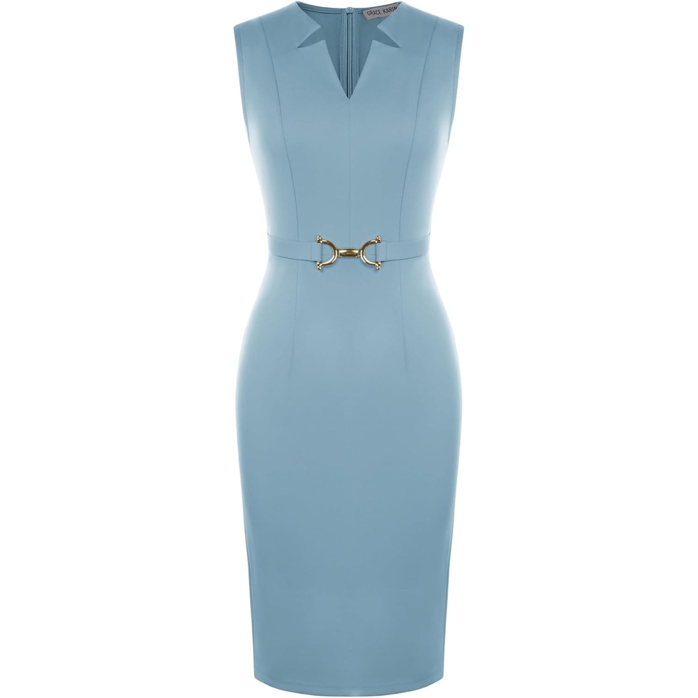 image:imageGRACE KARIN Womens Midi Work Business Formal Funeral Dresses 2026  Summer Sleeveless V Neck Bodycon Pencil Sheath Knee Length Dress Professional Formal Office Church Cocktail OutfitsGray Blue