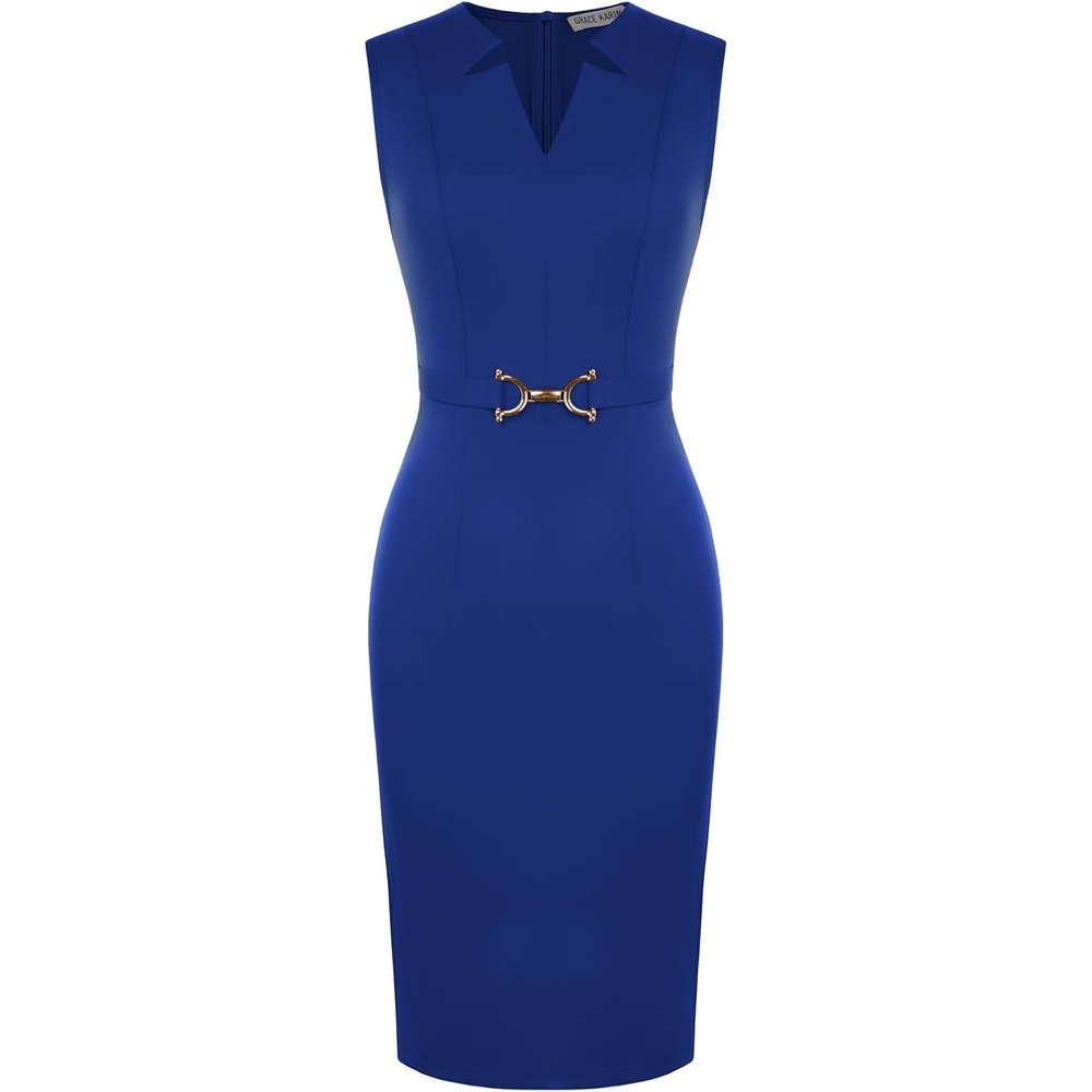 image:imageGRACE KARIN Womens Midi Work Business Formal Funeral Dresses 2026  Summer Sleeveless V Neck Bodycon Pencil Sheath Knee Length Dress Professional Formal Office Church Cocktail OutfitsRoral Blue