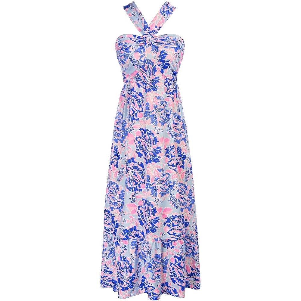 image:imageGRACE KARIN Womens Summer Floral Halter Boho Maxi Dresses 2026 Flowy Criss Cross A Line Long Sundress Casual Tropical Vacation Beach Clothes Wedding Guest Dress With PocketBluishviolet