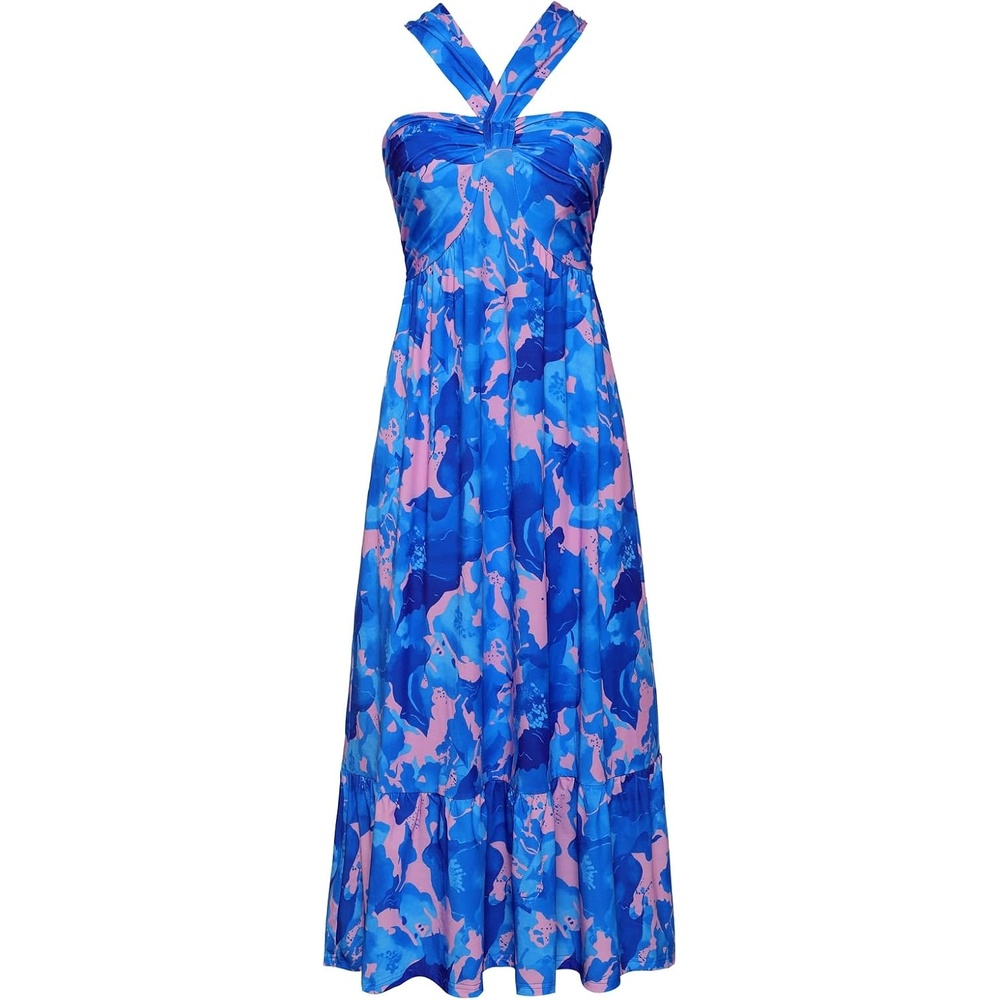 image:imageGRACE KARIN Womens Summer Floral Halter Boho Maxi Dresses 2026 Flowy Criss Cross A Line Long Sundress Casual Tropical Vacation Beach Clothes Wedding Guest Dress With PocketBlue Rush