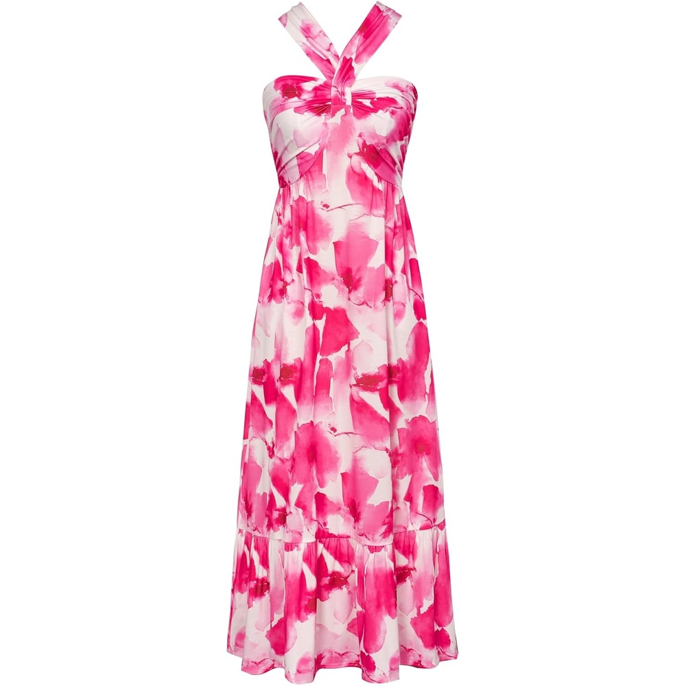 image:imageGRACE KARIN Womens Summer Floral Halter Boho Maxi Dresses  2026 Flowy Criss Cross A Line Long Sundress Casual Tropical Vacation Beach Clothes Wedding Guest Dress With PocketPink Watercolour
