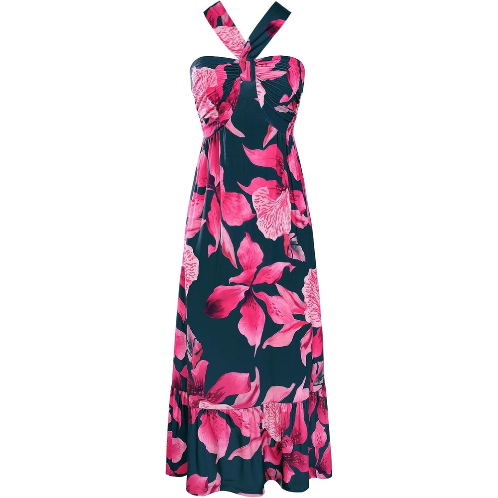 image:imageGRACE KARIN Womens Summer Floral Halter Boho Maxi Dresses 2026 Flowy Criss Cross A Line Long Sundress Casual Tropical Vacation Beach Clothes Wedding Guest Dress With PocketRose Red Flowers