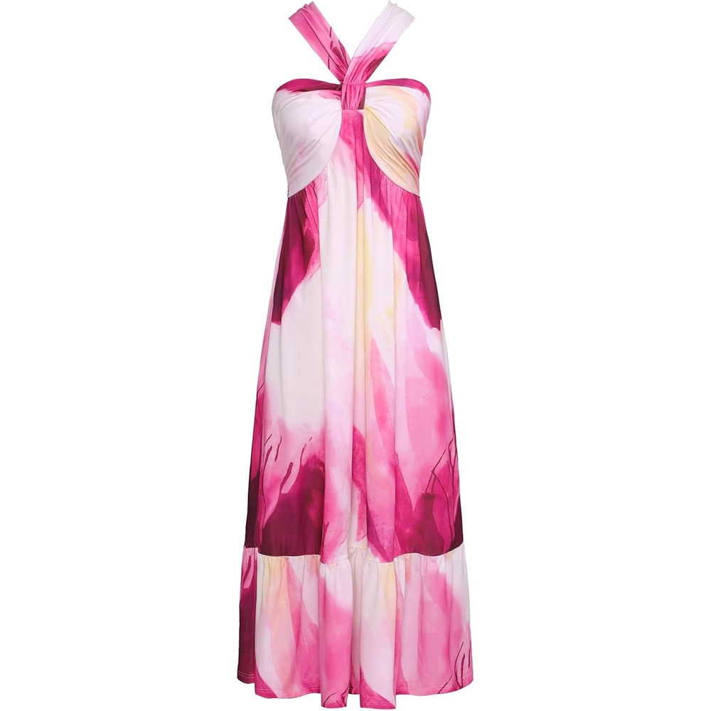 image:imageGRACE KARIN Womens Summer Floral Halter Boho Maxi Dresses 2026 Flowy Criss Cross A Line Long Sundress Casual Tropical Vacation Beach Clothes Wedding Guest Dress With PocketMagenta Tie Dye