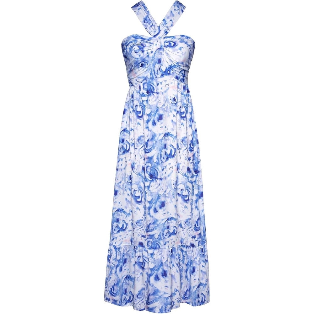 image:imageGRACE KARIN Womens Summer Floral Halter Boho Maxi Dresses 2026 Flowy Criss Cross A Line Long Sundress Casual Tropical Vacation Beach Clothes Wedding Guest Dress With PocketPeony Blue