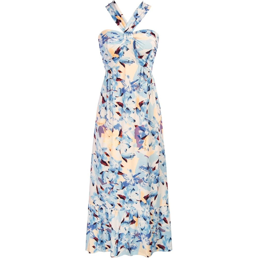 image:imageGRACE KARIN Womens Summer Floral Halter Boho Maxi Dresses 2026 Flowy Criss Cross A Line Long Sundress Casual Tropical Vacation Beach Clothes Wedding Guest Dress With PocketFloral White Blue