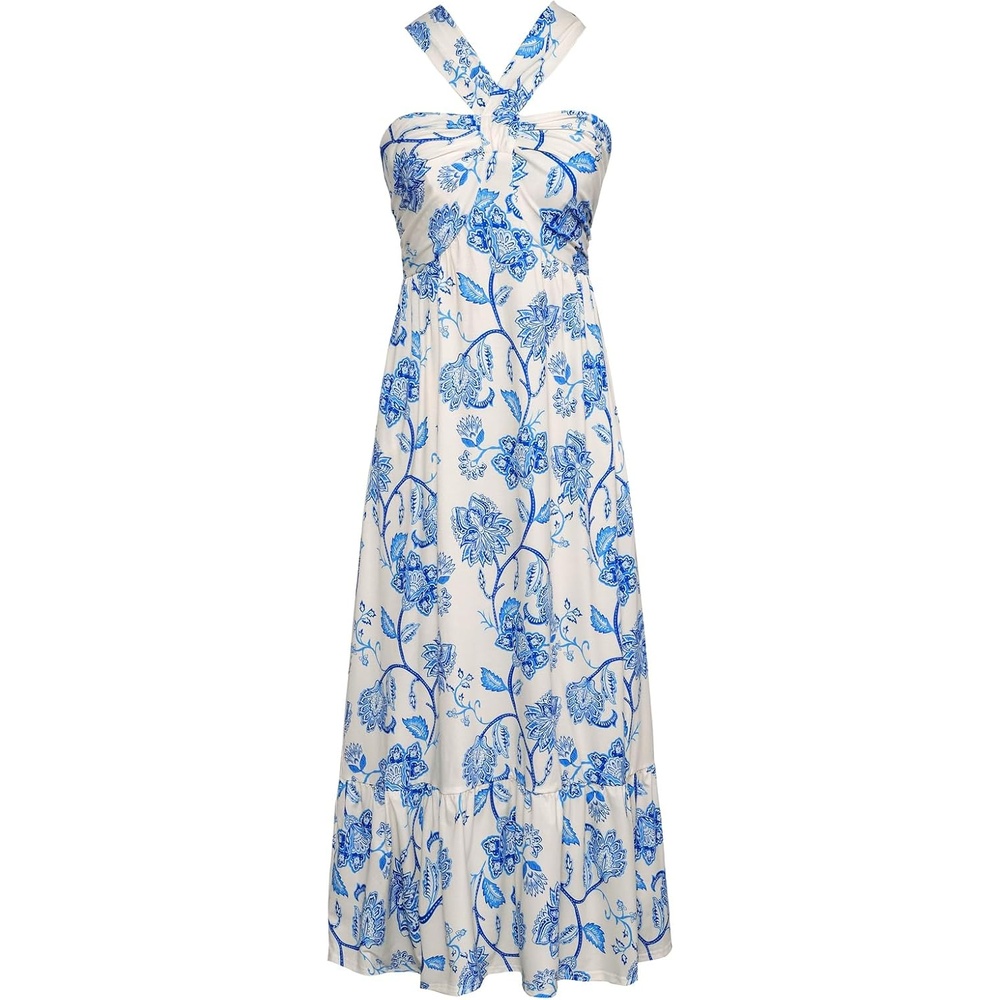 image:imageGRACE KARIN Womens Summer Floral Halter Boho Maxi Dresses 2026 Flowy Criss Cross A Line Long Sundress Casual Tropical Vacation Beach Clothes Wedding Guest Dress With PocketBeige Blue