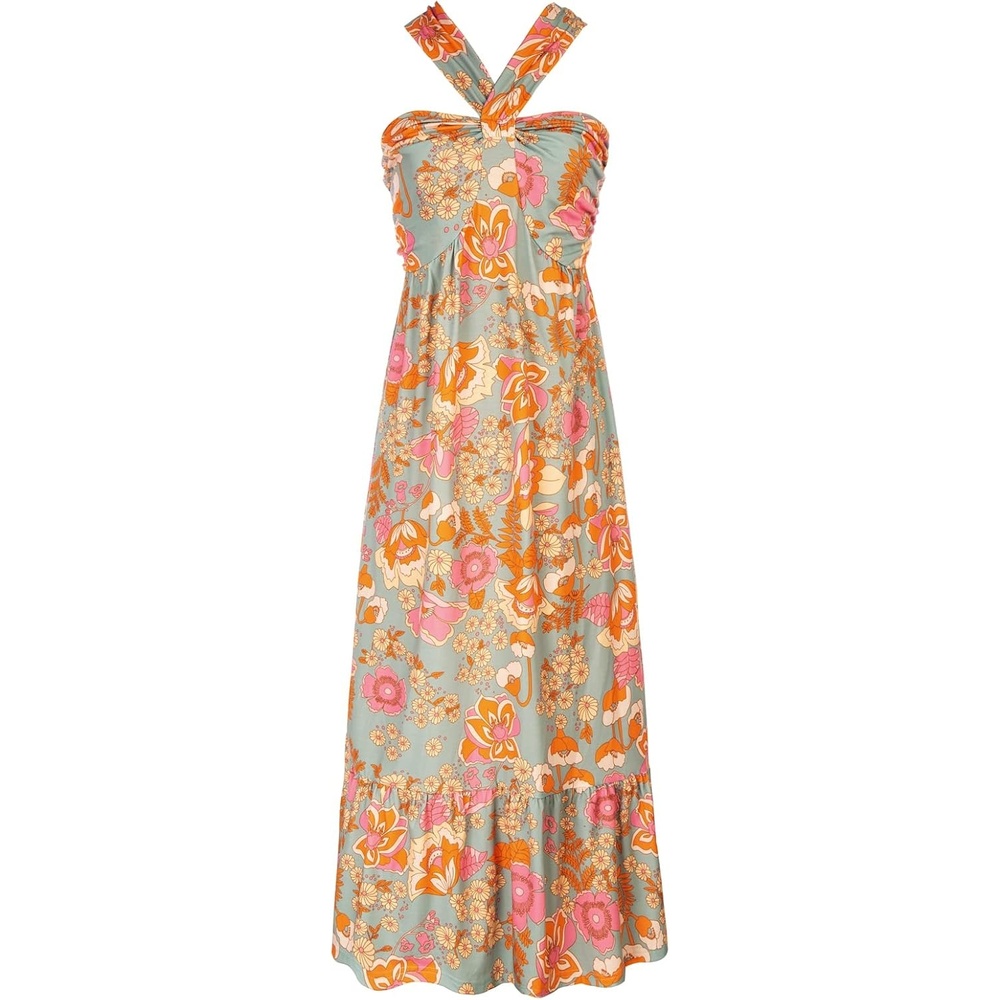 image:imageGRACE KARIN Womens Summer Floral Halter Boho Maxi Dresses 2026 Flowy Criss Cross A Line Long Sundress Casual Tropical Vacation Beach Clothes Wedding Guest Dress With PocketGreygreen