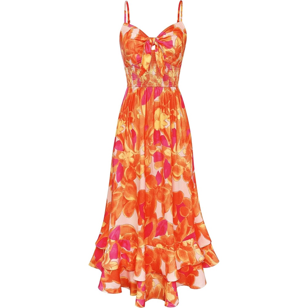 image:imageGRACE KARIN Womens Summer Floral Maxi Sundresses Beach Boho Dress with PocketsSpaghetti StrapV NeckSmocked BackCasual Fashion ClothesVacation OutfitsA Line Long DressOrange Floral