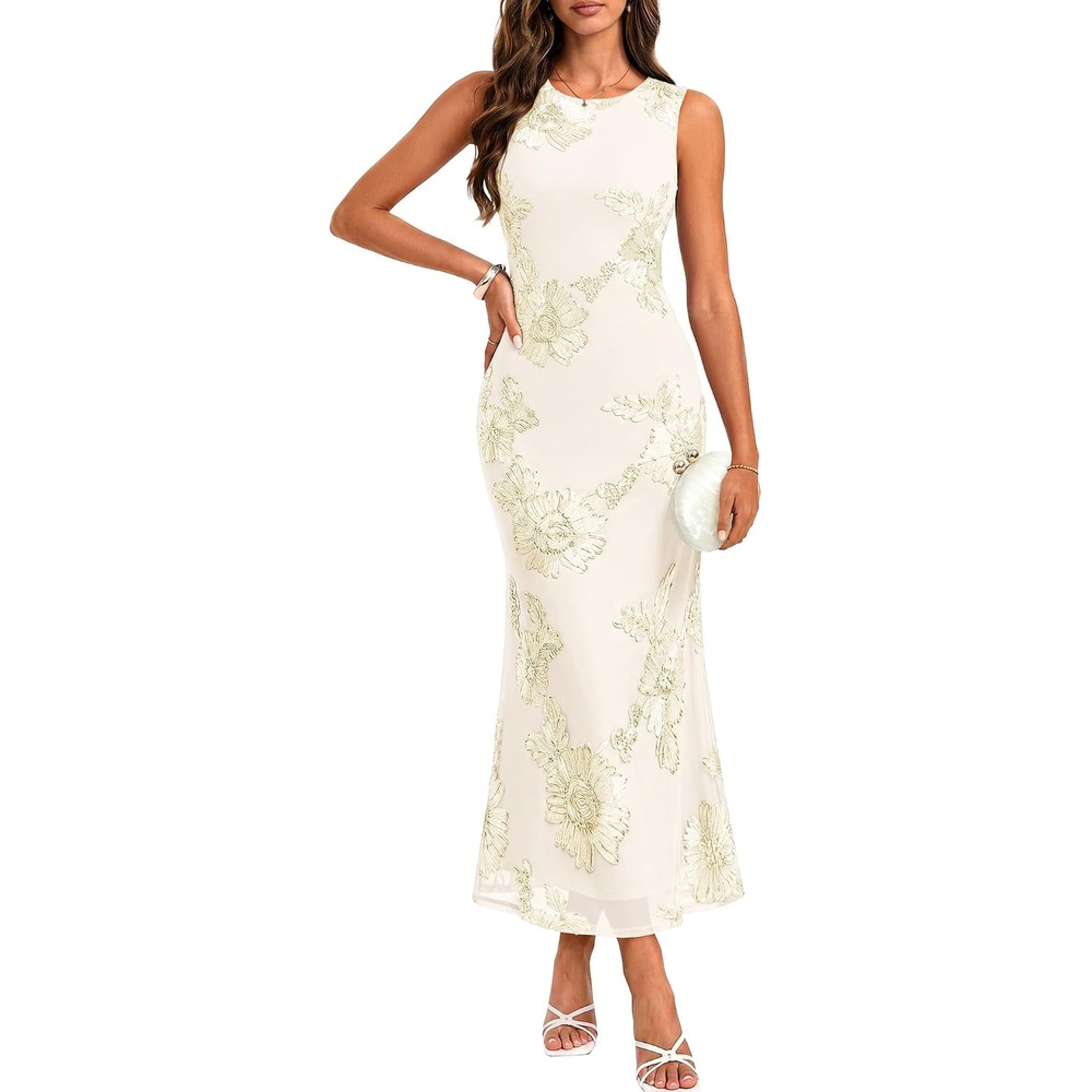 image:imageGRACE KARIN Womens Summer Floral Mesh Wedding Guest Dress  SleevelessCrew NeckBodyconMidi Long DressesSemi FormalBridal ShowerCocktailPartySexy PromBeachCream