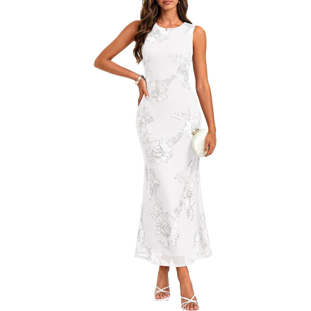 image:imageGRACE KARIN Womens Summer Floral Mesh Wedding Guest Dress  SleevelessCrew NeckBodyconMidi Long DressesSemi FormalBridal ShowerCocktailPartySexy PromBeachWhite
