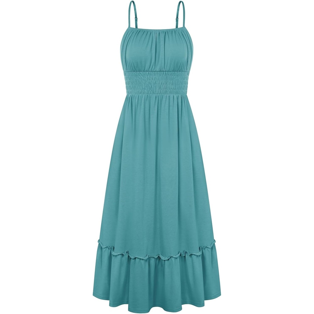 image:imageGRACE KARIN Womens Summer Maxi Dresses 2026 Beach Vacation Dress  Casual Smocked Waist Spaghetti Strap Sleeveless Boho Sundress With Pockets Trendy Fashion OutfitsBlue Green