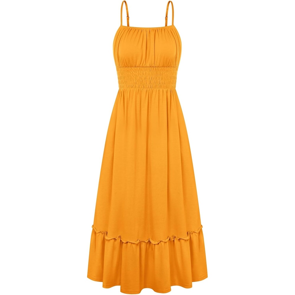 image:imageGRACE KARIN Womens Summer Maxi Dresses 2026 Beach Vacation Dress Casual Smocked Waist Spaghetti Strap Sleeveless Boho Sundress With Pockets Trendy Fashion OutfitsMustard Yellow