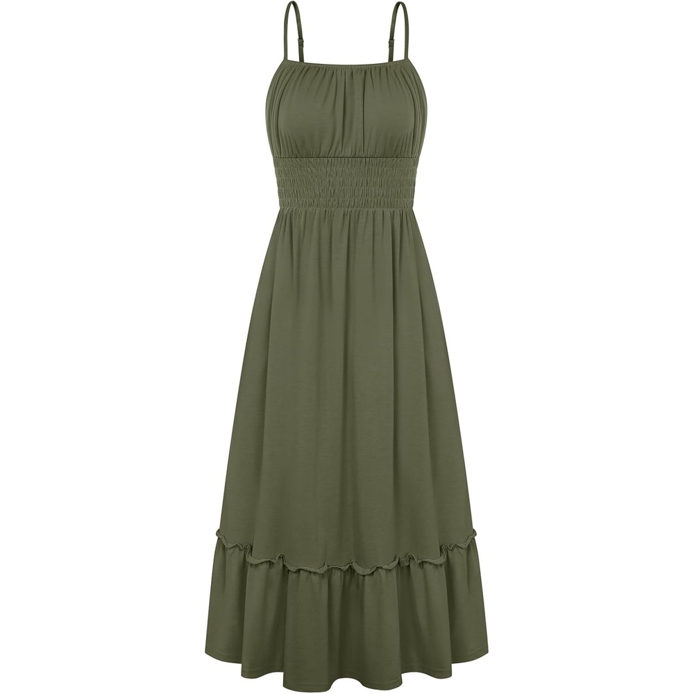 image:imageGRACE KARIN Womens Summer Maxi Dresses 2026 Beach Vacation Dress Casual Smocked Waist Spaghetti Strap Sleeveless Boho Sundress With Pockets Trendy Fashion OutfitsOlive Green