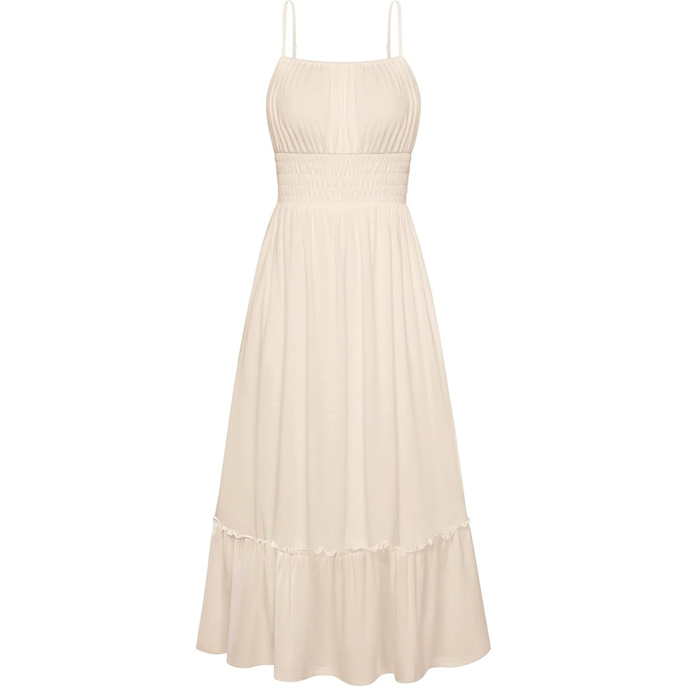 image:imageGRACE KARIN Womens Summer Maxi Dresses 2026 Beach Vacation Dress  Casual Smocked Waist Spaghetti Strap Sleeveless Boho Sundress With Pockets Trendy Fashion OutfitsApricot