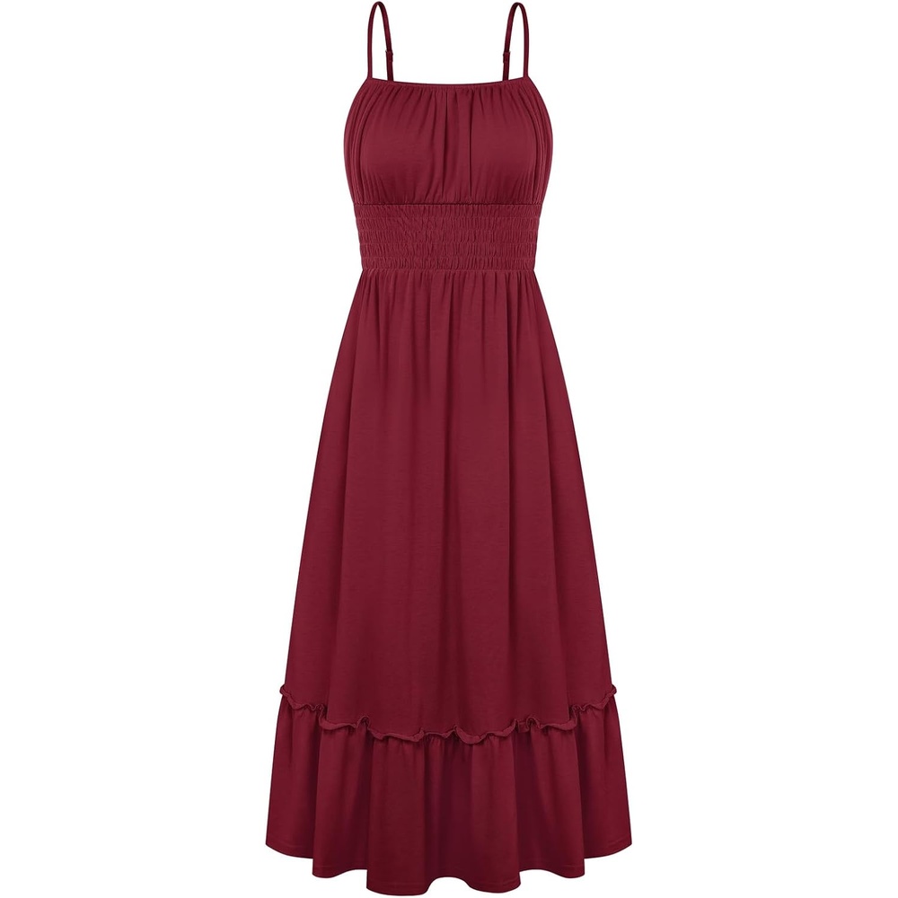 image:imageGRACE KARIN Womens Summer Maxi Dresses 2026 Beach Vacation Dress  Casual Smocked Waist Spaghetti Strap Sleeveless Boho Sundress With Pockets Trendy Fashion OutfitsBurgundy
