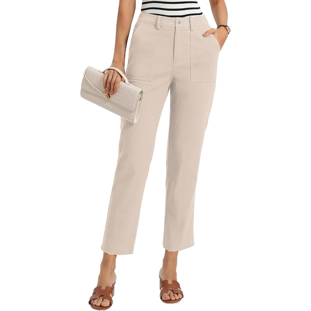 image:imageGRACE KARIN Womens Work Pants Business Casual 2026 Trousers with Pockets Trendy High Waisted Work Cropped Ankle Length Office Elastic Waist Tapered Slacks Teacher CaprisApricot