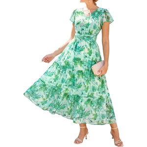 GRACE KARIN 2026 Women Summer Dress,Maxi Short Sleeve Floral Dresses,Semi Formal Flowy Wedding Guest Dress with Pocket(Light Green Foliage)