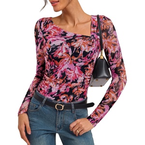 GRACE KARIN 2026 Womens Mesh Boho Tops Dressy Casual Blouses Fall Clothes | Long Sleeve Shirts, Floral Top, Asymmetrical, Ruched, Slim Fit, Going Out, Y2k, Fashion Trendy(Pink Rose)