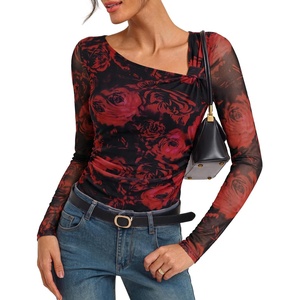 GRACE KARIN 2026 Womens Mesh Boho Tops Dressy Casual Blouses Fall Clothes | Long Sleeve Shirts, Floral Top, Asymmetrical, Ruched, Slim Fit, Going Out, Y2k, Fashion Trendy(Red)
