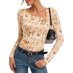 GRACE KARIN 2026 Womens Mesh Boho Tops Dressy Casual Blouses Fall Clothes | Long Sleeve Shirts, Floral Top, Asymmetrical, Ruched, Slim Fit, Going Out, Y2k, Fashion Trendy(Orange Brown)