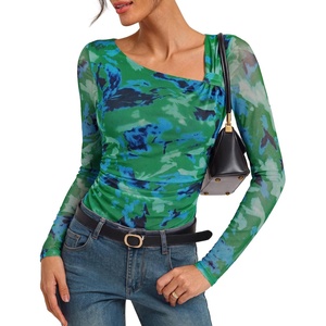 GRACE KARIN 2026 Womens Mesh Boho Tops Dressy Casual Blouses Fall Clothes | Long Sleeve Shirts, Floral Top, Asymmetrical, Ruched, Slim Fit, Going Out, Y2k, Fashion Trendy(Blue Green)