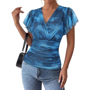 GRACE KARIN 2026 Womens Mesh Tops Dressy Casual Boho Blouses | V Neck, Short Sleeve, Ruffle Sleeve, Wrap, Ruch, Floral, Work, Business, Office, Dating, Party(Blue)